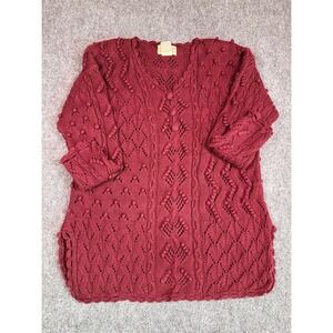 Yarnworks Sweater Women's Large Handknit Burgundy Cable Knit Bobble V-Neck Tunic